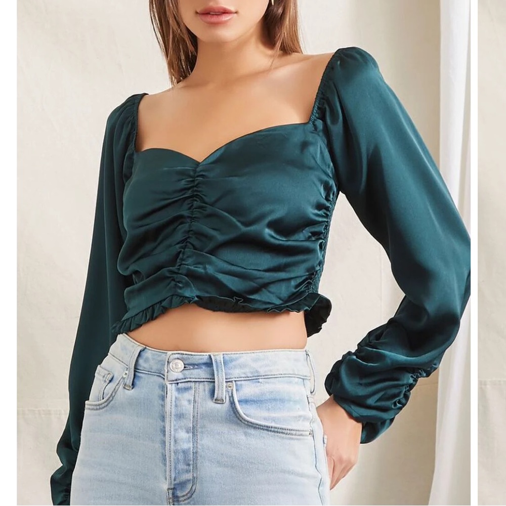 Fashion Nova Sweetheart Smocked Crop Top Long Sleeve Green Satin